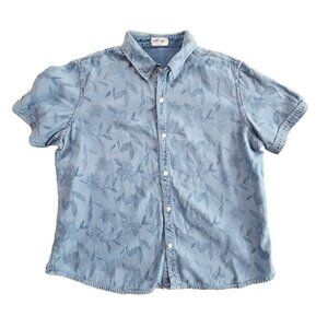 Krazy‎ Kat Shirt Women’s XL (50" Chest) Floral Denim Short Sleeve AOP EUC Blue